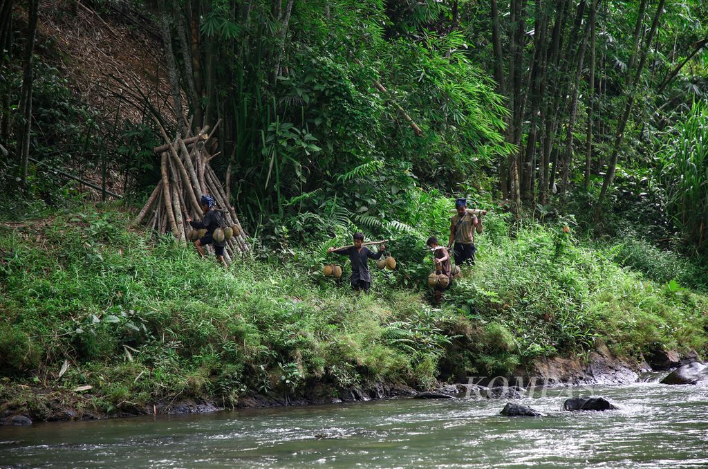 Anak-anak di kampung adat Baduy memanggul durian menyusuri pinggiran Sungai Ciujung, Kabupaten Lebak, Banten, Jumat (24/1/2020). Masyarakat adat Baduy dengan kearifan lokalnya mampu menjaga lingkungan tempat tinggal mereka tetap terjaga. Meskipun mereka hidup di daerah dengan topografi perbukitan dan lembah-lembah, masyarakat adat Baduy aman dari bencana banjir hidrometeorologi, padahal kampung-kampung di sekitarnya dilanda banjir bandang dan longsor.