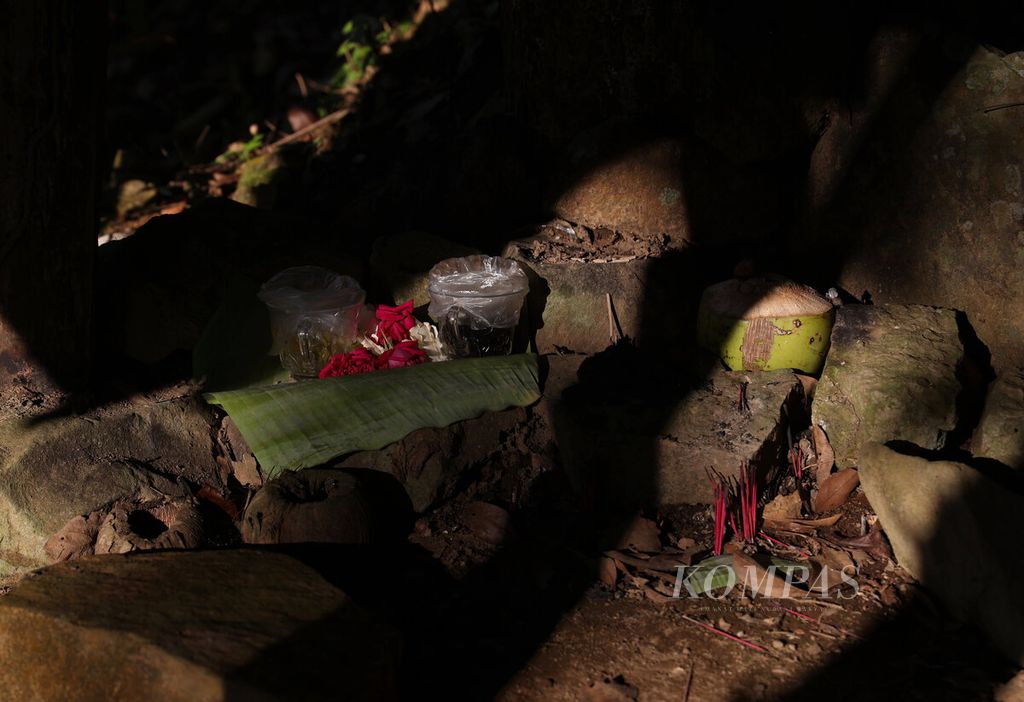 Bunga setaman, kopi, dan kelapa sebagai sesaji yang dipersembahkan warga pada Situs Mbah Robyong saat mereka melakukan tradisi wiwitan di Dusun Duplak, Desa Tempur, Kecamatan Keling, Kabupaten Jepara, Jawa Tengah, Minggu (17/8/2025).  