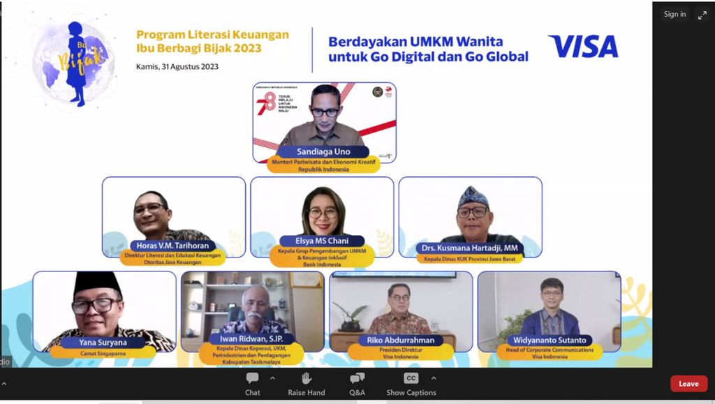 Peluncuran program ”Ibu Berbagi Bijak 2023” yang diselenggarakan PT Visa Worldwide Indonesia secara daring, Kamis (31/8/2023). Sejak 2017, Visa Indonesia telah menjangkau 778 UMKM dalam programnya.