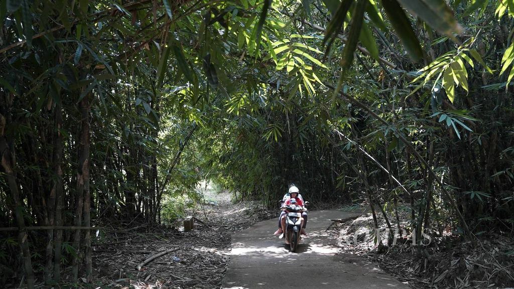 Jalan kampung menuju jembatan gantung Sasak Mare di Desa Kertarahayu, Kecamatan Setu, Kabupaten Bekasi, Jawa Barat (17/8/2020). Wisata desa terus bermunculan seiring keberadaan media sosial yang mempromosikan berbagai tempat dengan keindahannya.