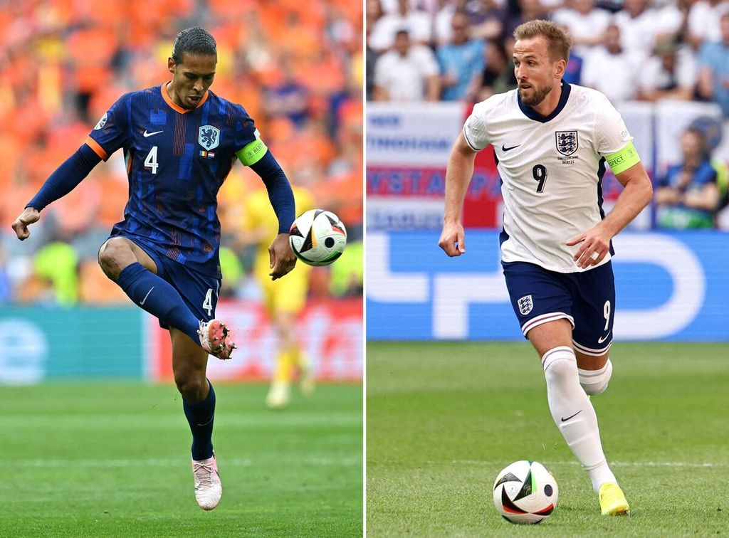 Bek Belanda, Virgil van Dijk, dan penyerang Inggris, Harry Kane, dalam foto yang digabung pada Minggu (7/7/2024). Belanda akan menghadapi Inggris dalam pertandingan semifinal Piala Eropa 2024 di Dortmund, Jerman, Kamis (11/7/2024) dini hari WIB.