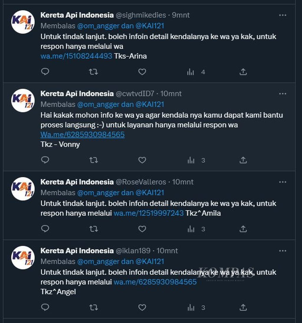 Tangkapan layar saat sejumlah akun yang menyaru sebagai akun PT KAI menjawab cuitan warganet.