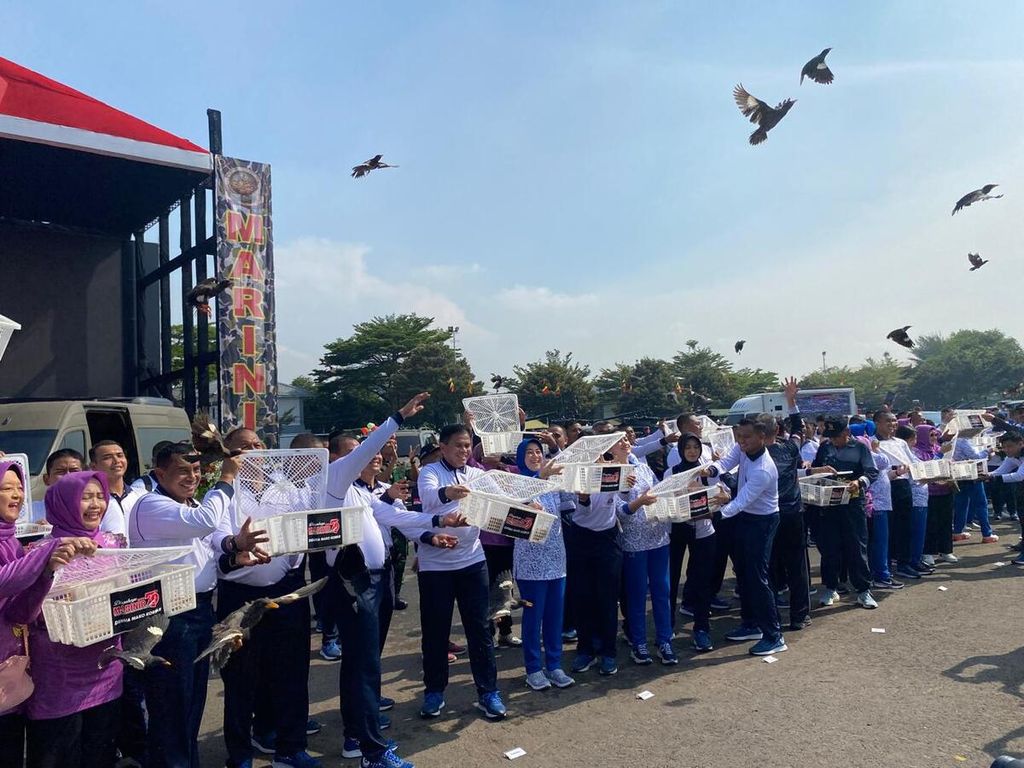 KSAL Laksamana Muhammad Ali melepas 579 jalak di Kesatrian Marinir Hartono, Cilandak, dalam rangka HUT Ke-79 Korps Marinir, Selasa (12/11/2024).
