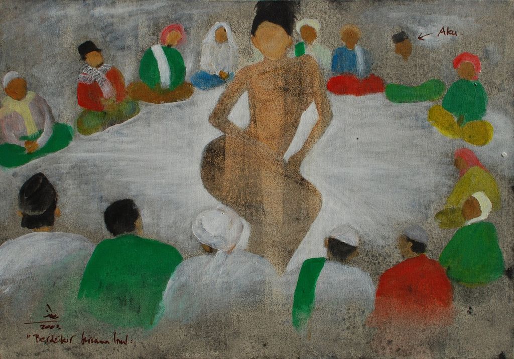 Lukisan Gus Mus, Berdzikir Bersama Inul" (2003), yang dilukis dengan cat akrilik di atas kanvas berukuran 45 cm x 65 cm.