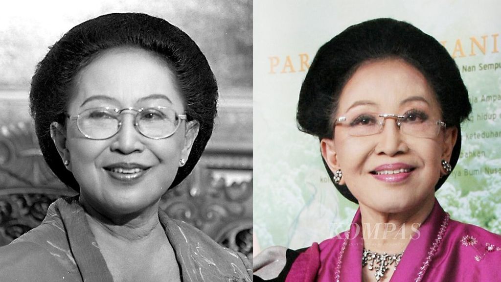 Direktur Utama Mustika Ratu BRA Mooryati Soedibyo seusai bertemu Ny Tien Soeharto untuk meresmikan Gedung Mustika Ratu di Pancoran, Jakarta Selatan, Selasa, 7 Juli 1992 (foto kiri). Mooryati purnatugas sebagai Wakil Ketua MPR dan DPD, Jumat, 11 Maret 2011 (foto kanan).