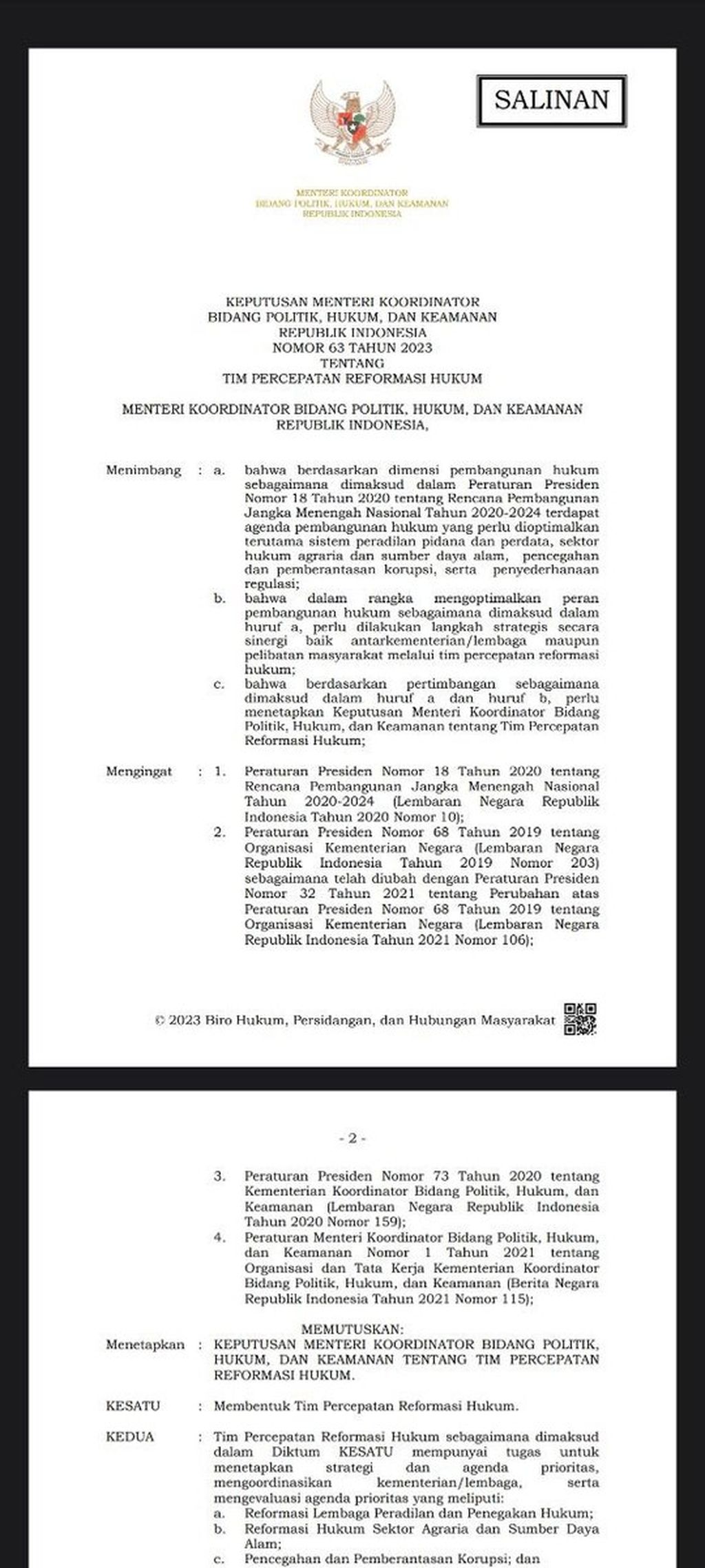 Hasil tangkapan layar Surat Keputusan Menko Polhukam Nomor 63 Tahun 2023 tentang Tim Percepatan Reformasi Hukum membentuk empat kluster perbaikan di bidang hukum. Tim tidak hanya berasal dari internal, tetapi juga eksternal pemerintah.
