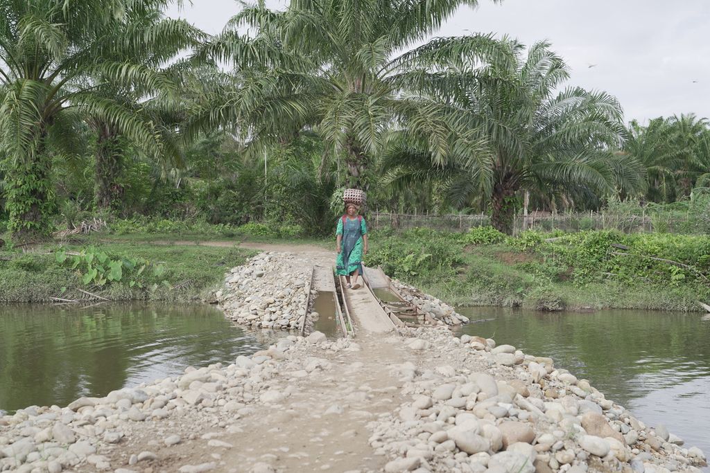 A woman crosses an emergency bridge in Nagari, Kampung Tengah Tapan, Pesisir Selatan, West Sumatra, Saturday (7/5/2022). The main bridge was destroyed in a flood in 2021.