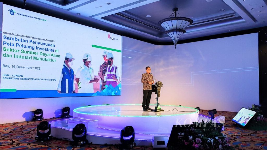 Kementerian Investasi/BKPM meluncurkan penyusunan peta peluang investasi 2022. Sekretaris Kementerian Investasi/Sekretaris Utama BKPM Ikmal Lukman memberikan sambutan dalam acara ekspos dan peluncuran penyusunan peta peluang investasi 2022 di Nusa Dua, Badung, Jumat (16/12/2022).