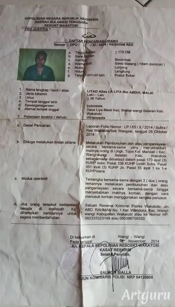 Surat penetapan DPO terhadap seroang pelaku penganiayaan hingga meninggal dunua pada 2014 lalu. Pelaku yang kini ditetapkan tersangka lebih dulu terpilih jadi anggota DPRD Wakatobi.
