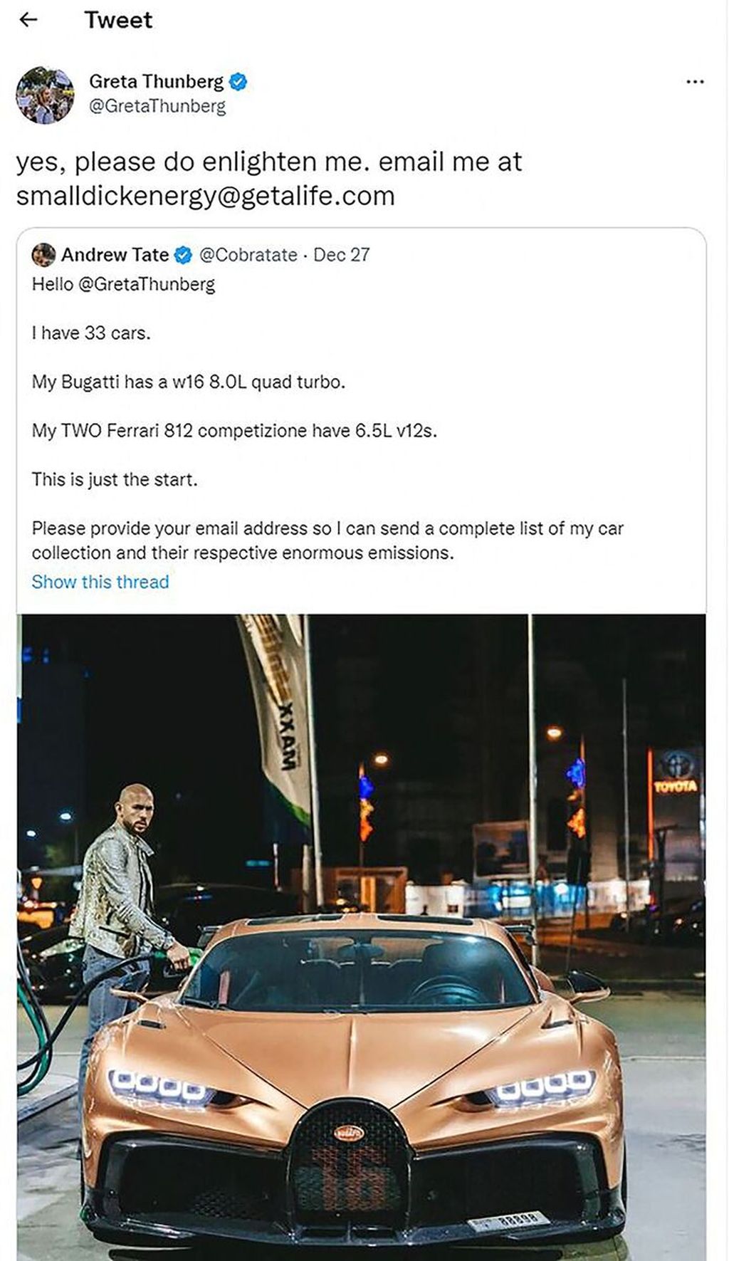 Tangkapan layar akun Twitter milik pegiat lingkungan, Greta Thunberg, 30 Desember 2022. Thunberg berargumen dengan Andrew Tate, seorang pesohor yang mempromosikan kehidupan mewah dan perilaku misoginis. Tate ditangkap kepolisian Romania di Bucharest pada 29 Desember 2022 atas tuduhan kejahatan seksual dan perdagangan manusia.  