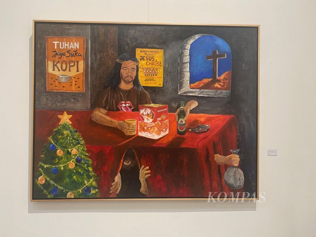 Lukisan Agus Noor berjudul Perjamuan Khong Guan: Kopi Penghabisan Sebelum Penyaliban yang dipamerkan dalam pameran Seni Agawe Santoso di Semarang Contemporary Art Gallery, Kota Semarang, Jawa Tengah, Selasa (28/2/2023). Pameran yang diikuti 45 seniman asal Jateng dan DI Yogyakarta itu akan digelar hingga 24 Maret 2023.