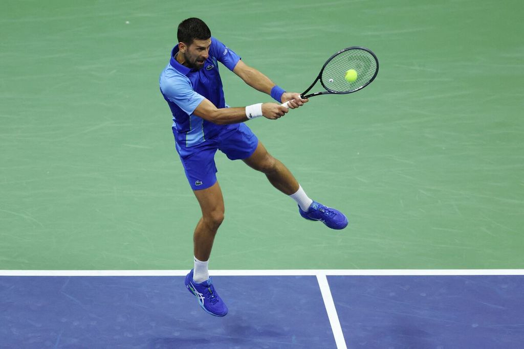 Petenis Serbia Novak Djokovic melawan petenis Perancis Alexandre Muller pada babak pertama Grand Slam AS Terbuka di Stadion Arthur Ase, Flushing Meadows, New York, Senin (28/8/2023) malam waktu setempat atau Selasa siang waktu Indonesia. Djokovic menaklukkan Muller dengan skor 6-0, 6-2, 6-3.