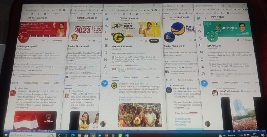 Sejumlah akun partai politik di Twitter. Difoto pada Rabu (18/1/2023).