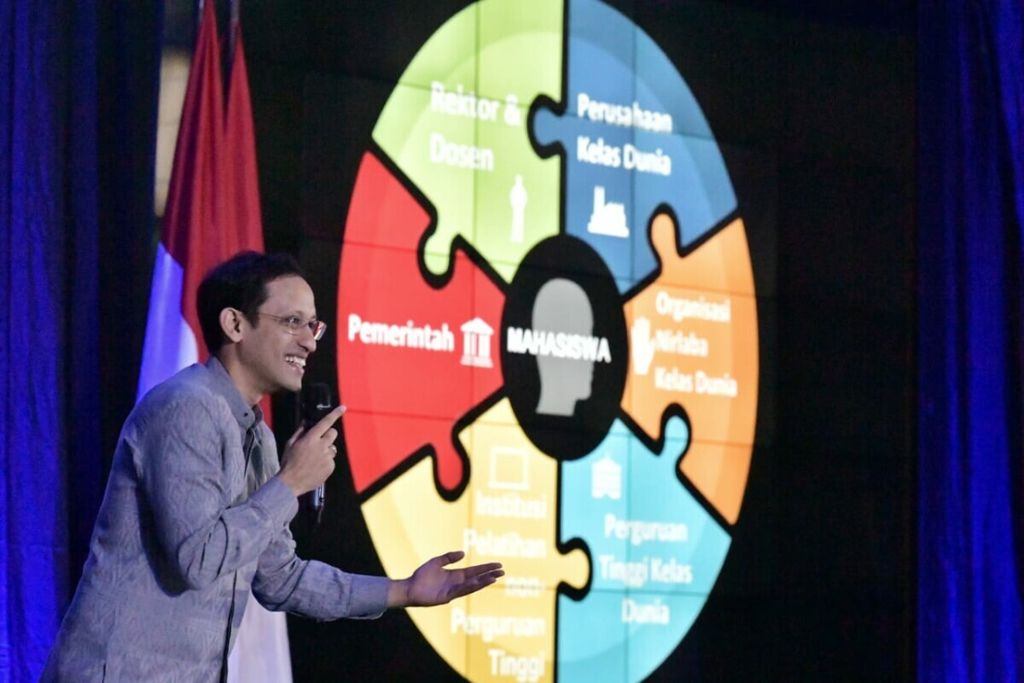 Menteri Pendidikan Nadiem Makarim ketika menjelaskan Kebijakan Merdeka Belajar – Kampus Merdeka di Kementerian Pendidikan dan Kebudayaan di Jakarta, Jumat (24/1/2020).