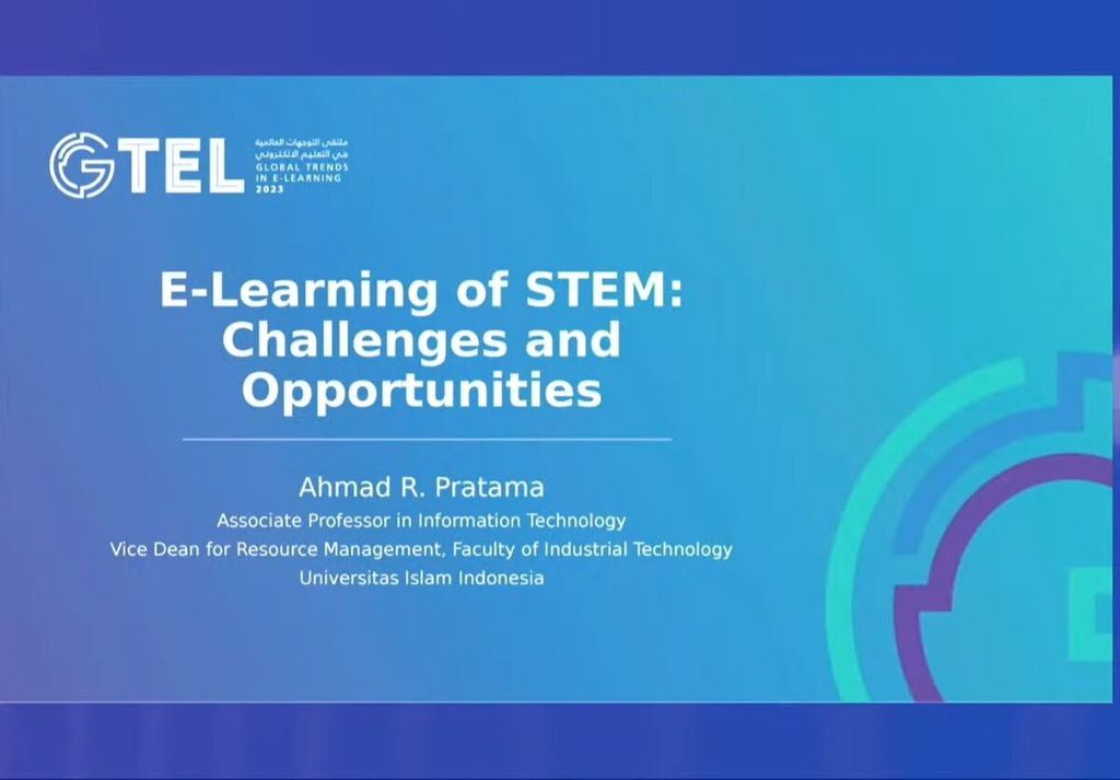 Nama dosen Universitas Islam Indonesia, Yogyakarta, Ahmad Munasir Rafie Pratama, ditampilkan di layar saat konferensi bertajuk 2nd Annual forum on Global Trends in E-Learning di Riyadh, Arab Saudi, pada 24 Januari 2023. Foto diambil dari tangkapan layar video di akun Youtube SaudiEUniversity.