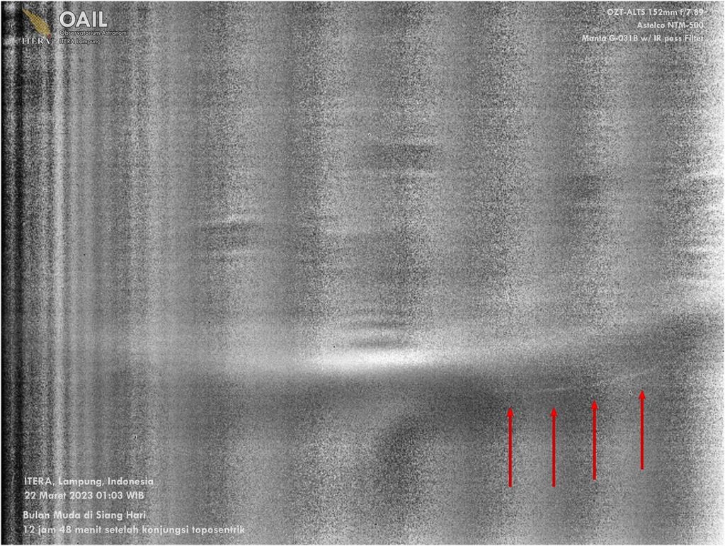 Citra bulan sabit siang hari yang diperoleh tim dari Observatorium Astronomi Institut Teknologi Sumatera Lampung (OAIL) diambil pada Rabu (22/3/2023) pukul 13.03 WIB saat bulan berumur 12 jam 48 menit setelah terjadinya konjungsi. Foto bulan muda ini diambil menggunakan peranti tergandeng-muatan (<i>charge-couple device</i>/CCD) dan kecerdasan buatan. Meski Bulan sabit muda setelah konjungsi bisa diamati pada siang hari, tetapi bulan seperti ini tidak bisa disebut hilal karena secara hukum agama (fikih) hilal harus terlihat selepas matahari terbenam.