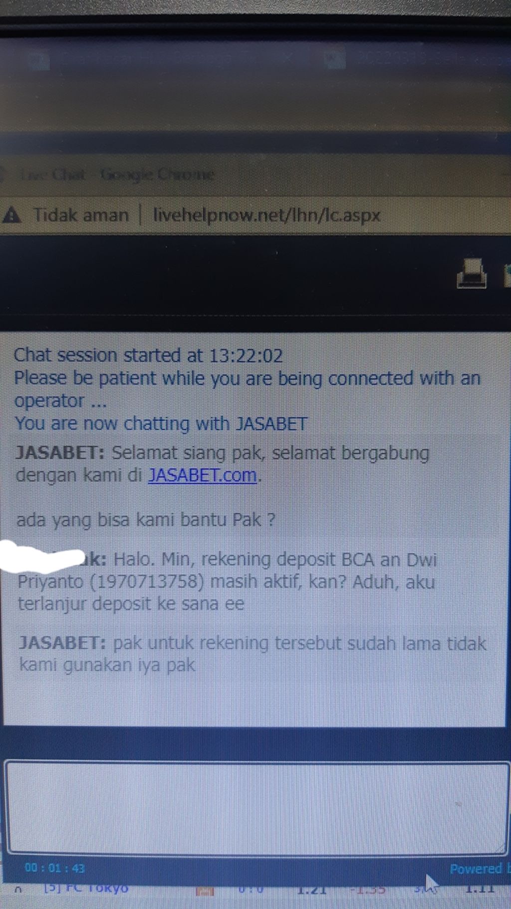 Tangkapan layar bukti penelusuran Faris Ahmad Faza bermain judi. Rekening atas nama Dwi Priyanto itu diaku kepada korban sebagai mitra usaha, ternyata itu rekening deposit situs judi. 