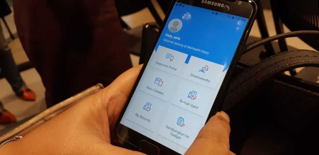 Tampilan beranda aplikasi MyHealth Diary. Aplikasi ini diperkenalkan pada publik pada Jumat (1/2/2019) di Jakarta.