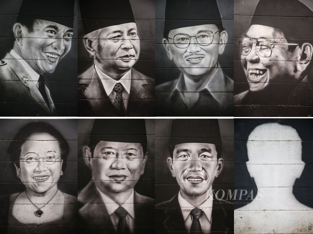 Rangkaian foto lukisan para presiden Republik Indonesia tergambar di sebuah tembok di kawasan Cipondoh, Tangerang, Banten, Rabu (18/8/2021). Survei Litbang Kompas pada April 2021 menunjukkan, masih banyak masyarakat yang belum menentukan pilihan calon presiden (capres). Hingga tiga tahun menjelang pemilu, sekitar 21 persen responden menyatakan belum menentukan pilihan capres. Angka pemilih yang belum menentukan pilihan itu tergolong tinggi karena lebih besar dari tingkat elektabilitas sejumlah tokoh yang masuk dalam bursa kepemimpinan mendatang. Kompas/Hendra A Setyawan (HAS) untuk stok cetak