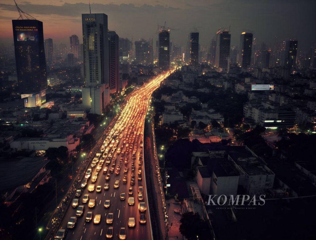 Visual ini dihasilkan Midjourney dengan mengolah foto asli yang diunggah ke midjourney untuk digenerate dengan menambahkan perintah; <i>jakarta city scape, traffic jam, evening, --ar 4:3.</i>