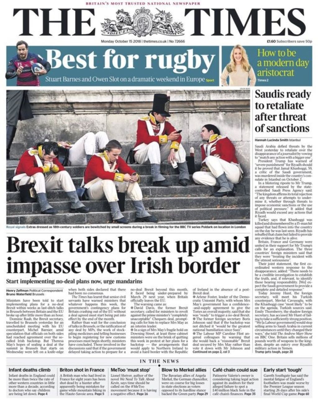 Tangkapan layar halaman muka koran The Times edisi 15 Oktober 2018 dari laman Newsmuseum.